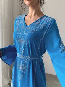 Saudi Arabia Dubai Fashionable Rhinestone Embellished Robe, Summer Chiffon Abaya For Women, Modest - Blue - View 8