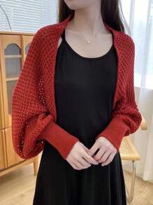 1pc Women High Quality Long Sleeve Thin Knit Shawl Cover Up, Hollow Out Design, Summer Lightweight Outwear