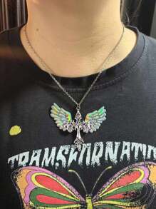 Retro Gothic Y2K Style Angel Wing & Flame Cross Pendant Necklace, Fashionable And Versatile Jewelry, Valentine's Day Gift