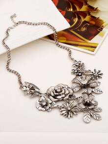 时尚复古花朵吊坠项链，水钻装饰项链，百搭毛衣链短锁骨链女士