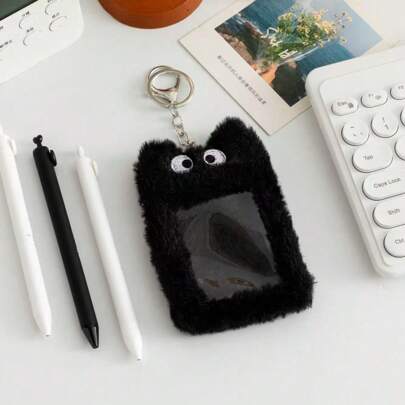 Kawaii 3 Inch Plush Card Holder, Kpop Postccards Storage Bag,Keychain Pendant- Black Eyes,School Supplies,Back To School