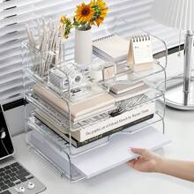 Set di organizer da scrivania e vassoi in acrilico trasparente, adatti per forniture per ufficio, cancelleria, documenti A4, occhiali e accessori, scatola di storage essenziale, nuova collezione 2025, ritorno a scuola, forniture scolastiche