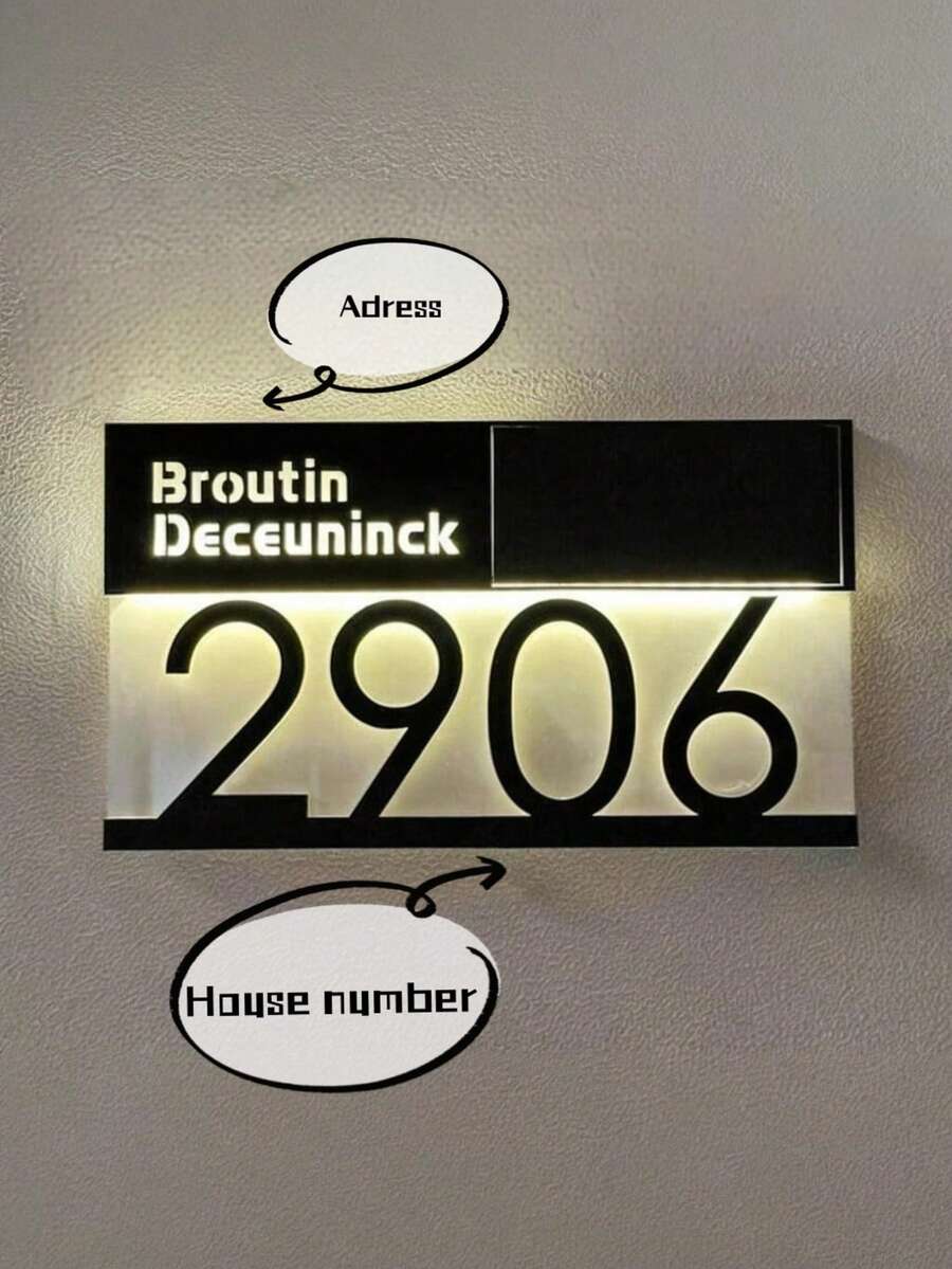 1pc Personalized Solar Powered Modern House Number Plaque, LED Lighted Address Sign, Customized Outdoor 3D Solar Panel Illuminated House Number Plate, Yard Lighting Home Decor - Black - View 1