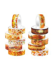 12 Rolls Of Mushroom With Plant Washi Tape Set, Autumn Pattern And Blue Porcelain Pattern Sticker Rolls, Decorative Tape For Diary Decoration, Scrapbook DIY Crafts Decoration Material Stickers, Gift Wrapping And Party Decoration,Back To School,School Supplies - Multicolor - View 5
