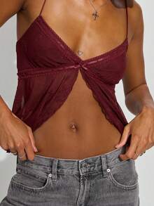 Women's Y2K Cami Tops Sleeveless Deep V Neck Floral Embroidery Mesh Camisole Spaghetti Strap Lace Trim Tank Tops Summer Casual Going Out Tops Streetwear - 酒紅色 - 查看 3