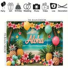 2D Flat 1 Piece Hawaiian Seaside Outdoor Theme Background Banner Aloha Alphabet Pineapple Floral Pattern For Hawaiian Seaside Party Background For Vacation Party Moments Photography Background Decoration Props Vinyl Material