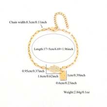 1 pieza Nuevo brazalete de cadena de labios de acero inoxidable dorado con inicial rectangular hueca, con zirconia pavé en forma de corazón, de moda para mujer