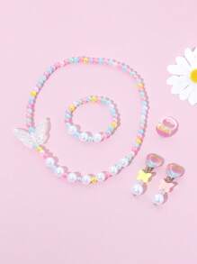 5pcs/Set Iridescent Colored Cute Star & Pearl Beaded Bracelet, Necklace, Earrings, Ring Set, Suitable For Daily, Festival, Party Wear, Random Color