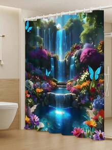 4pcs Waterfall & Butterfly Themed Polyester Bathroom Set, Includes Waterproof Shower Curtain, Non-Slip Mat, Toilet Seat Cover & Hooks - Suitable For Home Bathroom Decoration (1pc Or 4pcs Set, Machine Washable) Bathroom Accessories Back To School - Multicolor - View 10