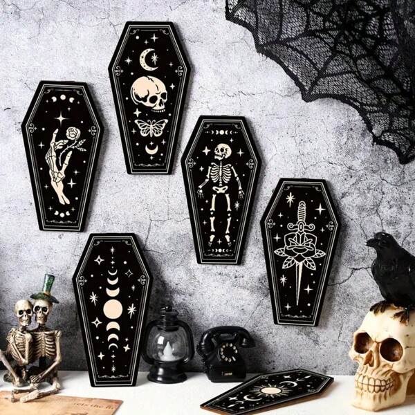 6 Pc Halloween Decoration Pendants Bohemian Style Skull Wall Decorations, Moon Stars Sun Hanging Gothic Wooden Simple Pendants, Suitable For Halloween Parties And Home Bedroom/Living Room/Cabin Bathroom Decoration Pendants Home Decor Fall Decor