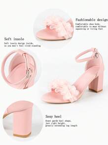 Sandalias de tacón grueso con correa y puntera cuadrada con decoración floral 3D en rosa, estilo dulce y elegante para boda, fiesta, primavera y verano