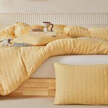 WARMDERN Duvet Cover Set King Size, 3pcs Washed Microfiber Mustard Yellow Bedding Set, Soft Breathable Striped Textured Seersucker Duvet Cover With Zipper Closure &Amp; Corner Ties(Mustard Yellow, King) - 芥末黃 - 查看 4