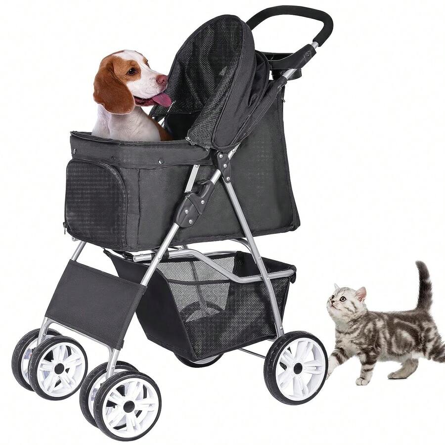 ZENY Foldable Pet Stroller, Cat/Dog Stroller With 4 Wheel, Pet Travel Carrier Strolling Cart With Storage Basket, Cup Holder (Black) - Black - View 1