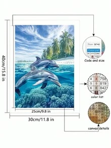 1套DIY海豚海灘場景5D鑽石畫套裝，含圓形亮面鑽石條與工具，鮮豔海洋主題畫布藝術品，適合初學者，完美適合作為臥室與客廳裝飾，無框，海豚裝飾 - 彩色 - 查看 2