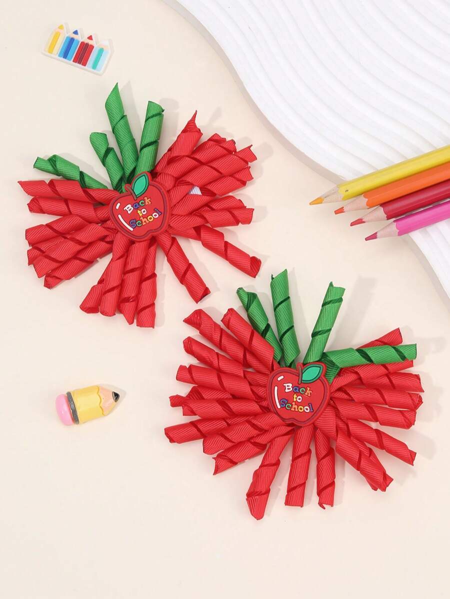 2pcs Back To School Korker Bows For Girls Cute Apple Pencil Bow Hair Clips Red Yellow Green Grosgrain Ribbon Bow Alligator Clips With Apple Pencil Accessory Cute Pencil Apple Curly Bow Barrettes For Frist Day Of School Kids Hair Accessories
