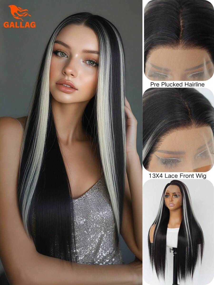24" Black With White Highlights 13x4 Lace Front Wig Heat-Resistant Ombre Straight Synthetic Wig Pre-Plucked Hairline Free Part Perfect For Daily Wear & Parties - Điểm nhấn màu trắng - Xem 1