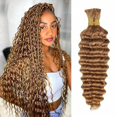 Honey Blonde Human Braiding Hair Deep Wave Bulk Human Hair For Braiding 27# 100g No Weft Curly Braiding Hair Extensions For Boho Braids Wet And Wavy Braiding Human Hair Bundles
