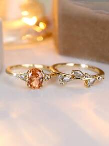 Vanel 2PCS Fashion Elegant Inlaid Cubic Zirconia Oval Cut Ring 2 Pieces Set Ring Casual Gift Choice