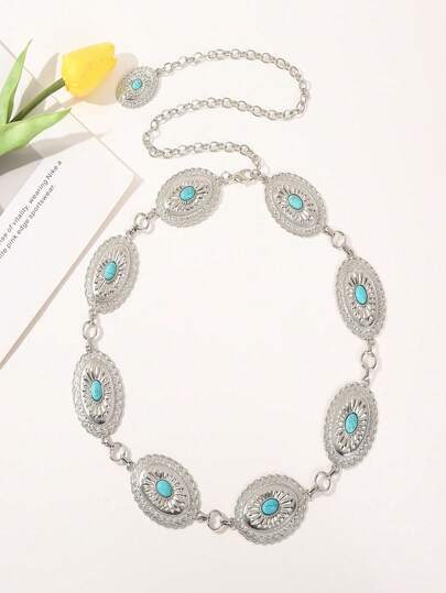 Cadena para la cintura estilo bohemio con incrustaciones de turquesa, cadena de cintura de estilo suroeste de alta gama y premium natural para vacaciones para mujeres