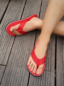 Men's Thong Sandals, Fashion Black, Red, Green Fabric Band, Flat Slip-On Slides, Casual Outdoor Beach Flip Flops, Green EVA Material - Red - View 3