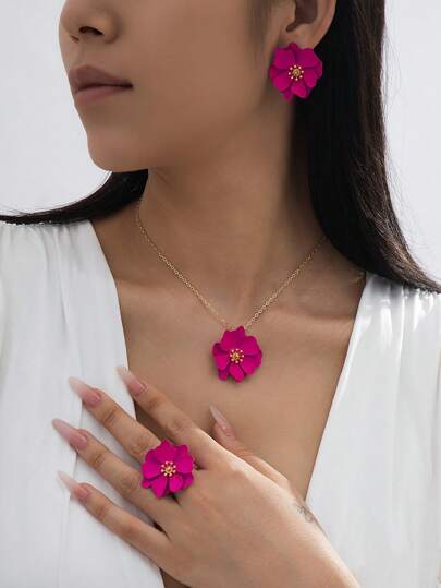 1 zestaw eleganckiej biżuterii kwiatowej w kolorze różowo-czerwonym, w tym kolczyki, naszyjnik i pierścionek, odpowiedni do codziennego dojazdu do pracy