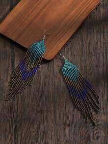 SOUL BEADING Handmade Beaded Earrings Bohemian Style Earrings Vintage Style Earrings Blue Green Color Block Dark Tone Tassel Drop Earrings Women's Fashion Earrings 2025 New Earrings Suitable For Daily Wear Vacation Party Holiday Gift Choice - Multicolor - View 3