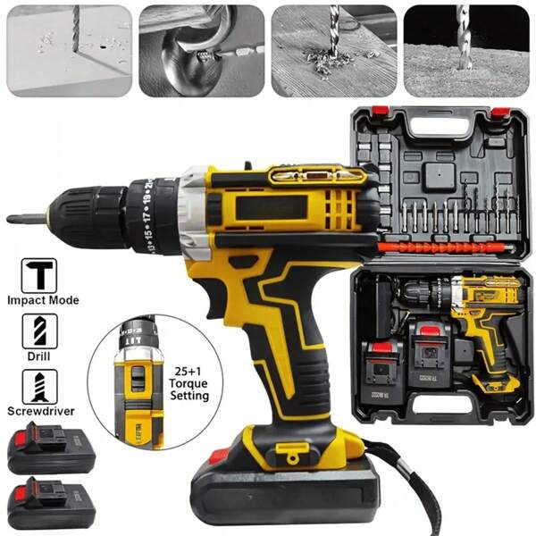 Rechargeable Electric Drill Lithium Electric Drill 21v Electric Screwdriver Power Tool Hand Drill Suit 21V 24 Pieces Toolbox For Drilling Metal Wood And Ceramics