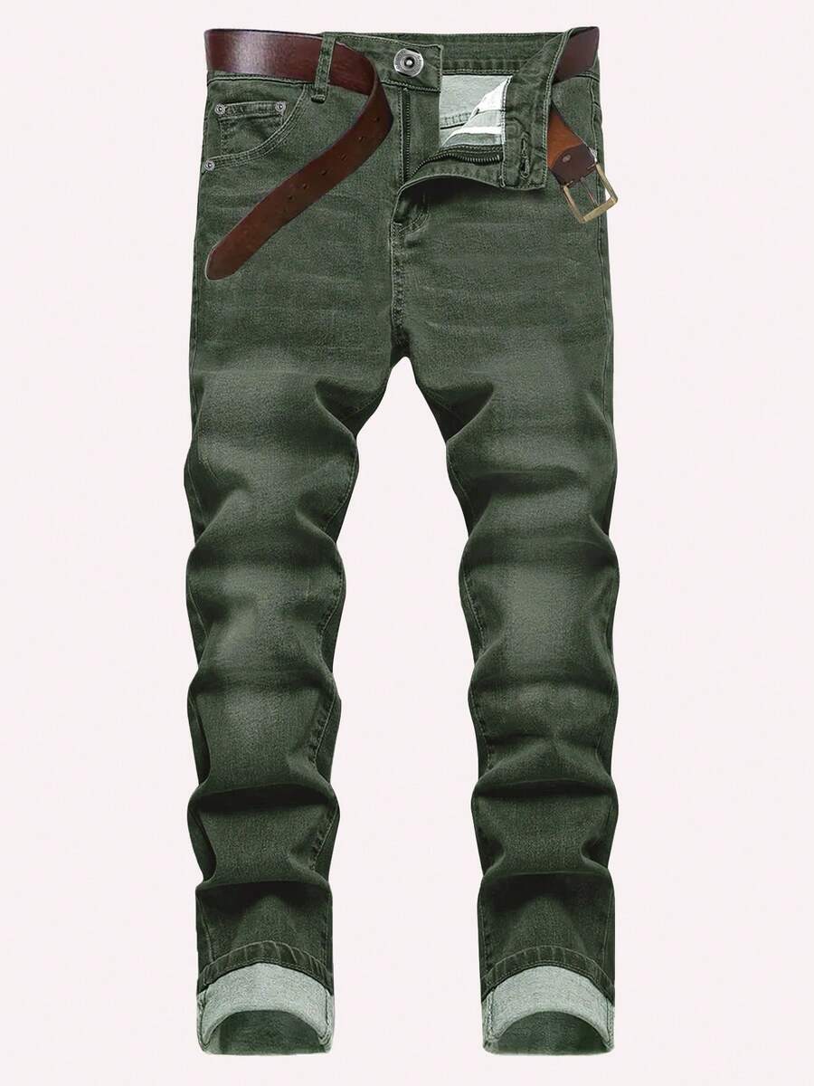 Men's Stretch Slim Fit Jeans - Stretch Denim Pants With Button Closure, Non-Transparent Slimming Trousers For Everyday & Formal Wear, All-Season Classic Blue Jeans For Men, Versatile Clothing, Vintage Style - 軍綠色 - 查看 1