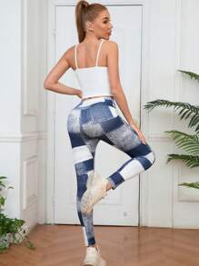 Damskie legginsy sportowe z imitacji jeansu w kratkę, z wysokim stanem i wysoką elastyczną talią, szybkoschnące, oddychające, brzoskwiniowe, biodrowe, w stylu retro, do noszenia o każdej porze roku, spodnie codzienne, odpowiednie do jogi, biegania, sportów na świeżym powietrzu i dojazdów do pracy