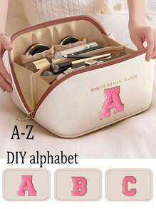 PU Leather Waterproof Cosmetic Bag, With Letter Cosmetic Storage Bag, Multifunctional Travel Storage Bag, Large Capacity Double Layer Cosmetic Bag