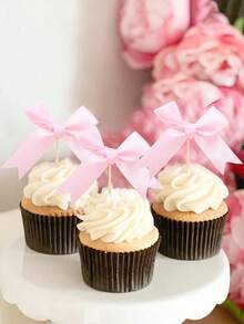 10pcs Bow Cupcake Toppers, Polyester Bow Cake Decorations, Versatile Celebration Decor, No-Feather, Electricity-Free For Birthday, Wedding, Engagement, Bachelorette, Christmas, New Year, Valentine'S Day - Multicolor - View 3