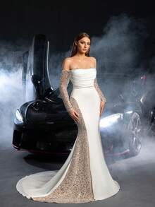 婚纱新娘礼服 | 奢华露肩缎面美人鱼婚纱，搭配闪亮长袖装饰，非常适合教堂婚礼、海滩晚会、空灵的花园招待会和豪华晚宴 - 白色 - 查看 1