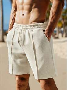1件男士米色卡其色抽绳休闲短裤，宽松版型，时尚舒适，适合运动、休闲和海滩出行。 - 卡其色 - 查看 2