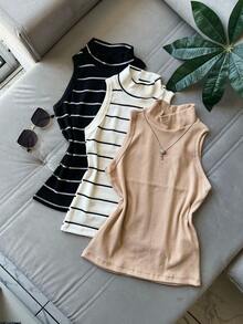 3 Pieces Tank Top Kit With High Neck Ribbed Fabric Striped Basic Long Tank Top Winter Fashion Color Block Cut And Sew Striped Casual Elegant Knitted Button - 裸色套裝 3 - 查看 1