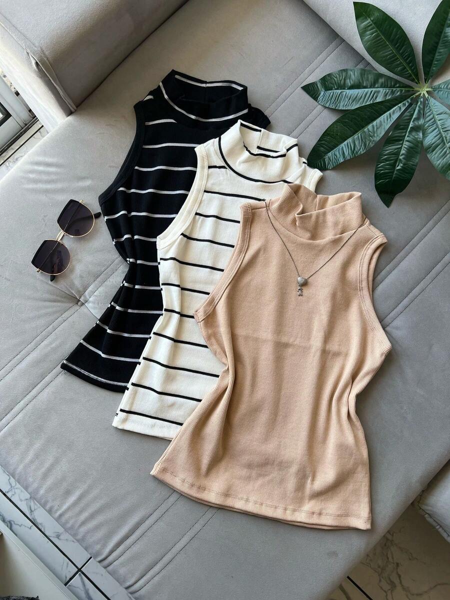 3 Pieces Tank Top Kit With High Neck Ribbed Fabric Striped Basic Long Tank Top Winter Fashion Color Block Cut And Sew Striped Casual Elegant Knitted Button - 裸色套裝 3 - 查看 1
