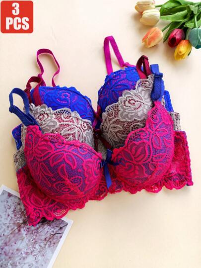 Sutiã push-up sexy com bojo e patchwork de renda 3 peças, sutiã sem fio francês elegante com contraste de cores para mulheres
