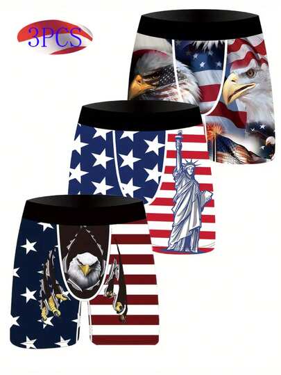 3pcs Pack Patriotic Pattern Knitted Breathable Men's Briefs Underwear, 175g/M2, Suitable For Everyday And Casual Wear