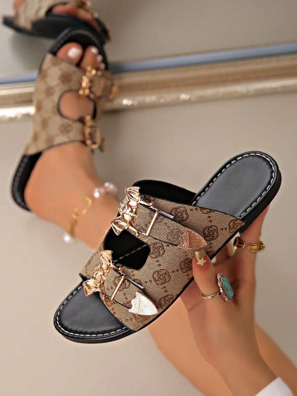 Ladies Plain Bat Buckle Decor Fashion Sandals, With Buckle Belt Inlaid Lightweight Flat Slippers, Non-Slip Summer Slides