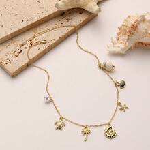 TUANZISP 1pc Women's Fashionable Vintage Pendant Necklace, Boho Ocean Holiday Style Summer Beach Necklace With Starfish, Shell, Palm Tree, Sea Snail, Turtle Pendant Design, Delicate & Unique Women Jewelry Gift - Gold - View 5