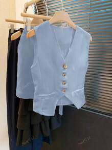 Conjunto de chaqueta y pantalones cortos de lino sin mangas informal/de verano para mujer