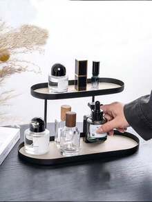1pc Elegant Dual-Layer Oval Metal Storage Rack With Faux Leather Pad - Multifunctional Organizer To Display Makeup Brushes, Lipsticks, Perfumes, Jewelry, Keys Etc. - Suitable For Living Room, Bedroom, Bathroom, Vanity Tray, Home Decor - Multicolor - View 2