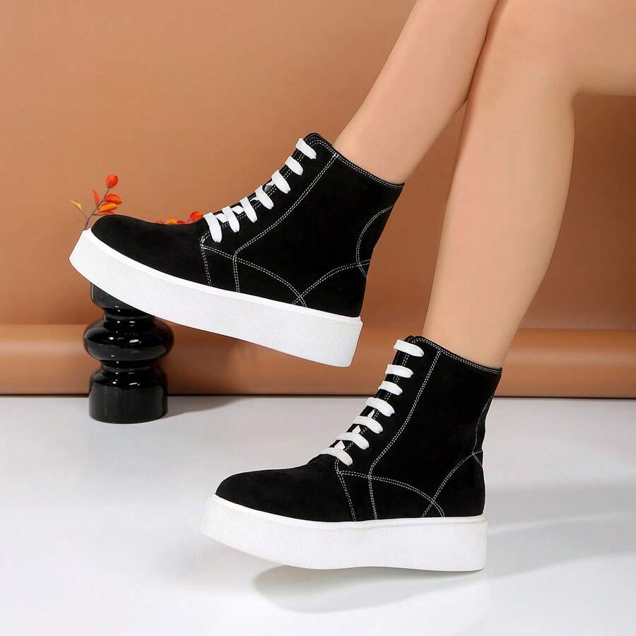 Women's Fashion Sneakers 2025 Spring Autumn Sports Shoes, Breathable Thick Sole Casual Shoes, Mid-Calf Stylish Boots With Laces And Side Zipper - Black - View 1
