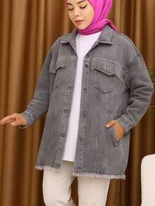 Casual Woven Fabric Button Front Pocket Frayed Trim Jacket, Everyday Wear - Light Grey - View 4