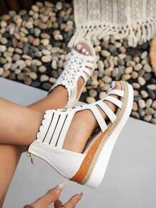 Sandal đế xuồng kiểu La Mã dệt từ dây gai dầu, sandal hở mũi họa tiết hình học màu trắng có khóa kéo phía sau dành cho nữ, phù hợp với trang phục mùa xuân hè. - trắng - Xem 4