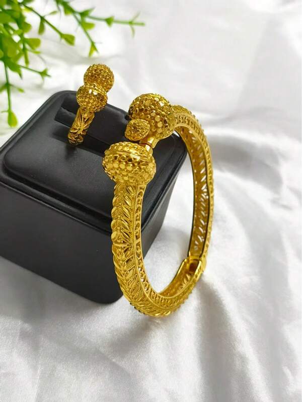 1 Set Women Circular Brass Gold Plated Bracelet And Ring Jewelry Set, 2pcs, Suitable For Saudi Arabian, European, Middle Eastern Dubai Bride Wedding Dress, Mother's Day, Wedding Season, Graduation, Birthday, Daily Wear, Gift For Mom, Girlfriend, Sister