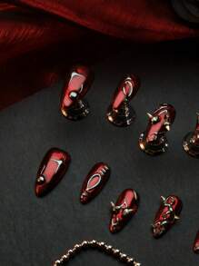 10 Peças Conjunto de Unhas Completo Artesanal, com Unhas de Estilo Punk Estampadas em Formato de Amêndoa e Conjunto de Unhas Punk Ciberpunk de Metal Vermelho Grosso de Estilo Punk Girl Junk, Adequado para Meninas Usarem no Dia a Dia e em Eventos como Festas e Festas Temáticas. Acompanha 1 Mini Lixa de Unha e 1 Etiqueta Adesiva Dupla Face.