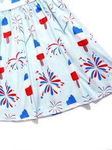 Young Girl Stretchy American Style Ice Cream & Fireworks Print Short Sleeve Dress Summer Gift, Independence Day, Party