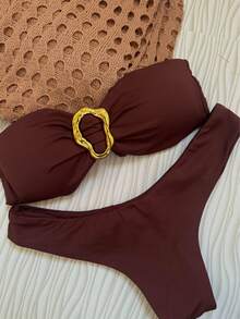 Brown Strapless Bikini Top With Removable Pads Elegant Casual Knot Ring - Khaki - View 5
