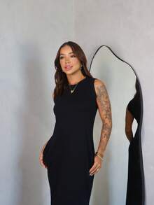 Long Dress With Slit And Pockets 100% Cotton - Negro - Ver 3
