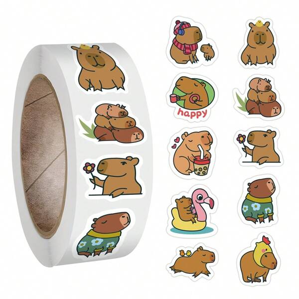 500PCS Cute Capybara Stickers Roll Vinyl Aesthetics Stickers Scrapbooking, Diary, Bumper, Skateboard, Water Bottle, Cartoon, Hard Hat, Car Stickers